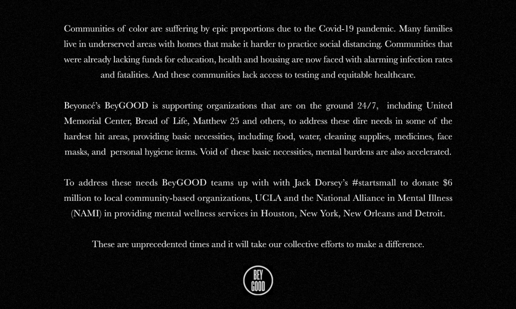Beyoncé donó US$ 6 millones para asistencia sanitaria