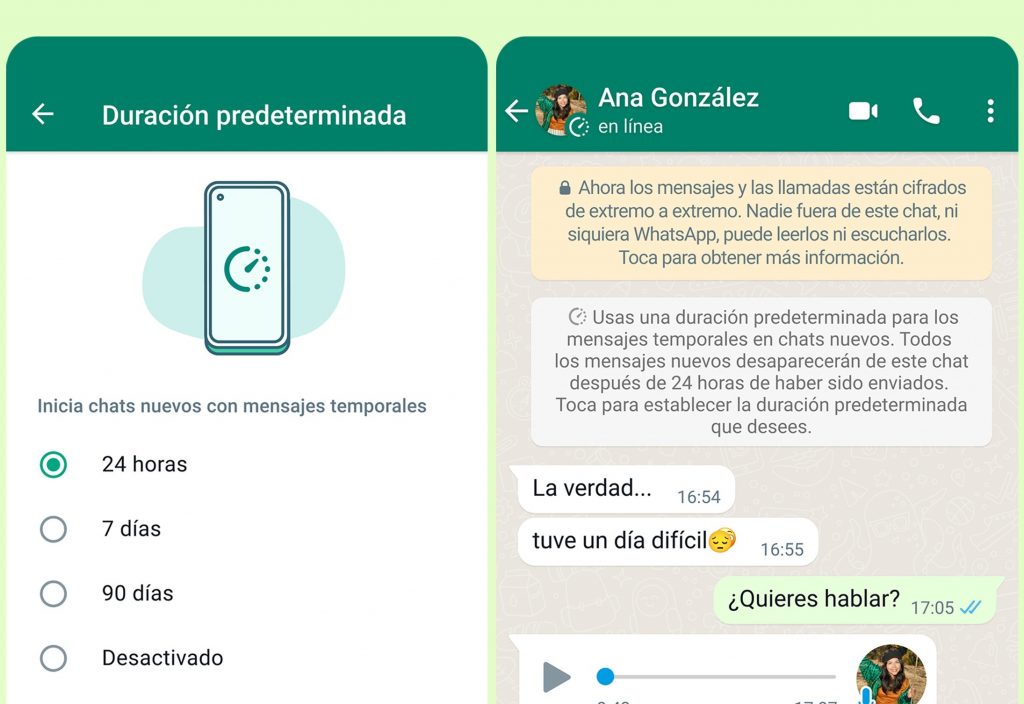 WhatsApp ya permite activar los mensajes temporales de forma predeterminada en nuevos chats y elegir otras duraciones