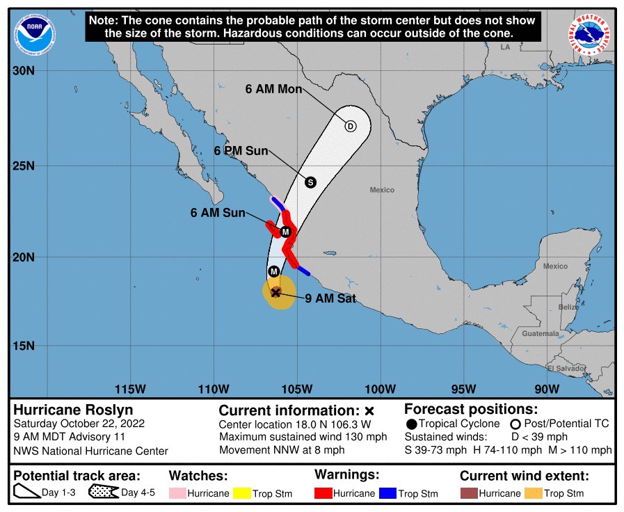 Roslyn sube a huracán categoría 4 y avanza por el Pacífico central mexicano