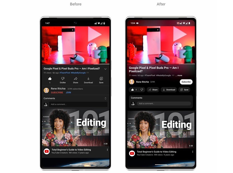 YouTube se rediseña y trae las funciones modo ambiente y pellizcar para hacer zoom