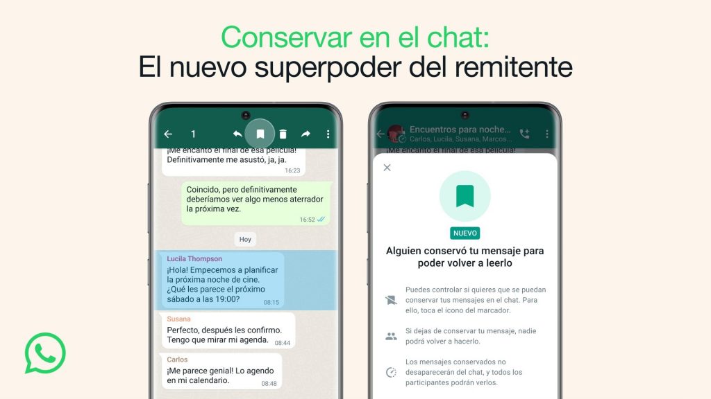 WhatsApp lanza definitivamente la función 'Conservar en el chat' con la que se podrán guardar los mensajes temporales