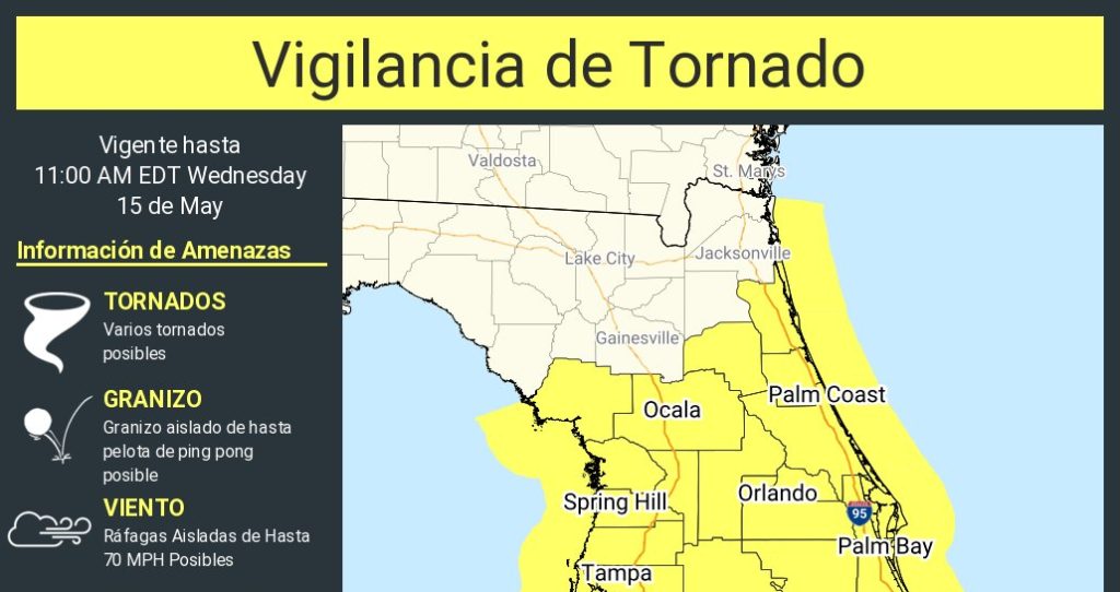 Emiten vigilancia de tornado para toda Florida Central