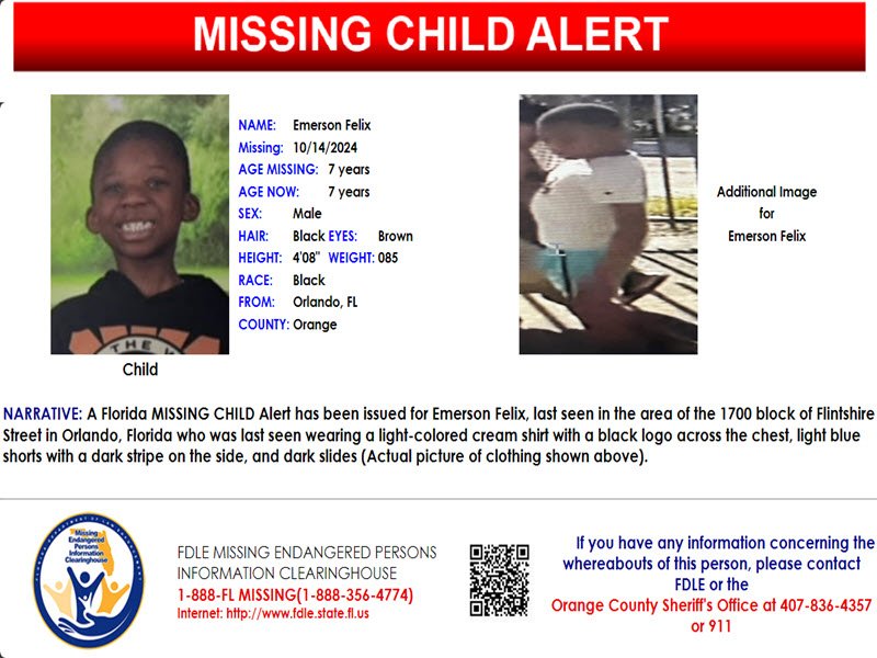 Emiten alerta de niño desaparecido en Orlando