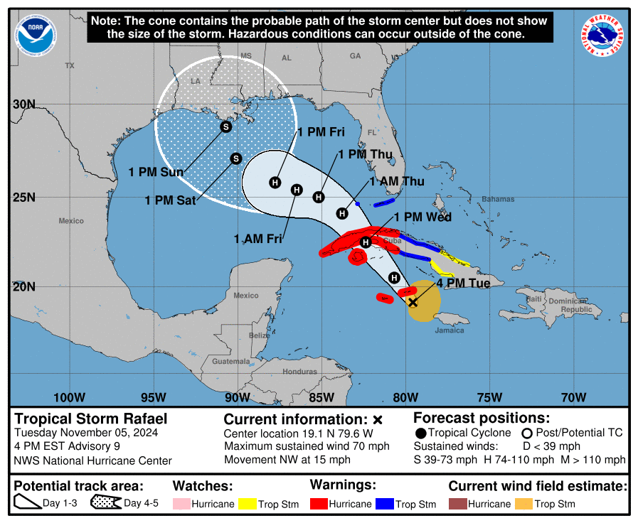 Tormenta tropical Rafael se acerca a la fuerza de huracán