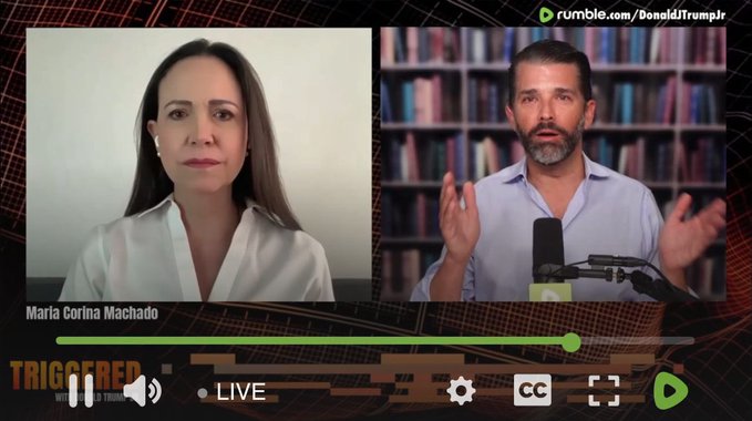 María Corina con Donald Trump Jr.: "El socialismo chavista corrupto convirtió a Venezuela en el país criminal refugio para enemigos de EEUU"